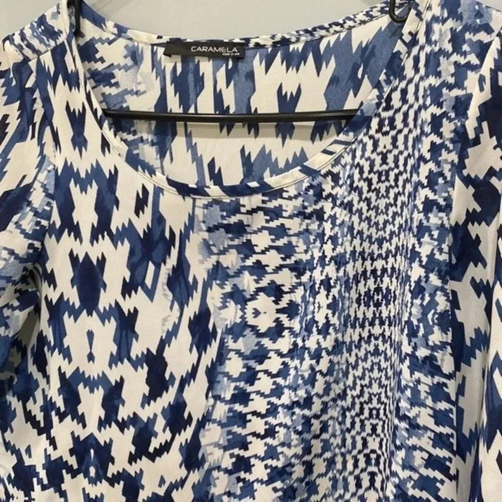 Caramela Women's White Blue Geometric Pattern Long Sleeve Blouse Dress Top Sz S - Picture 3 of 4